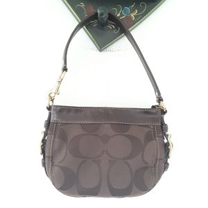 Coach Brown Signature Stripe Canvas Small Shoulder Bag Purse Leather Trim